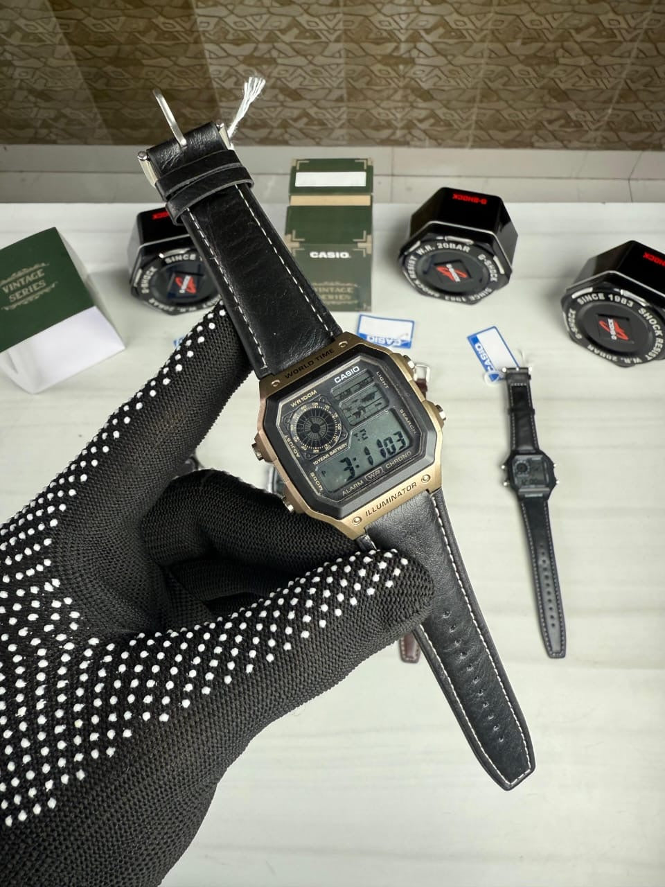 Casioo AE-1200 WHL i - 5 AVDF Youth Watch Black Leather Belt Gold Bazel