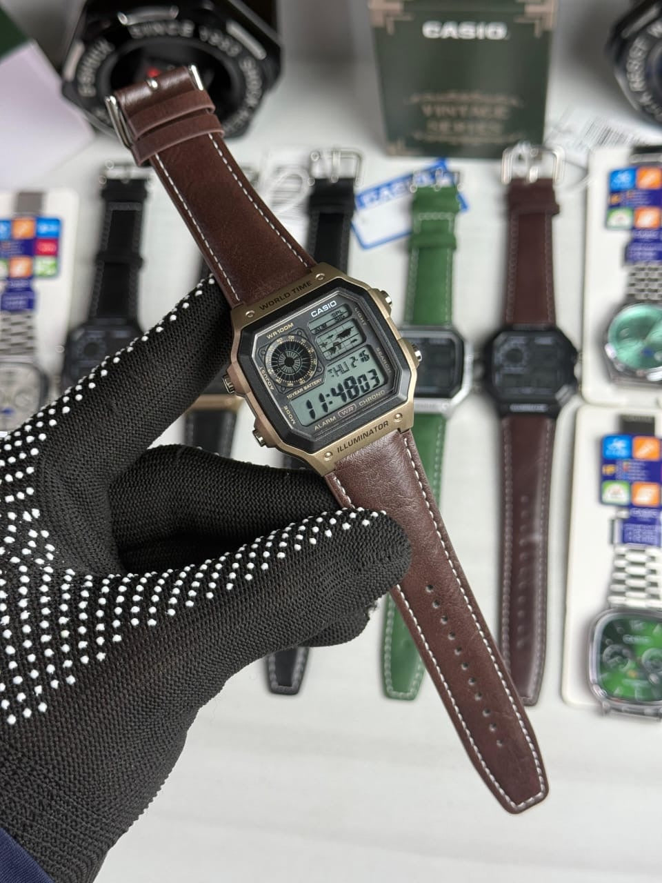 Casioo AE-1200 WHL i - 5 AVDF Youth Watch Brown leatherBelt Gold Bazel