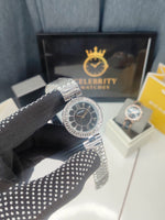 Guesss Analogue watch for women Stainless Steel, Silver color band, black dail, Diamond bazel