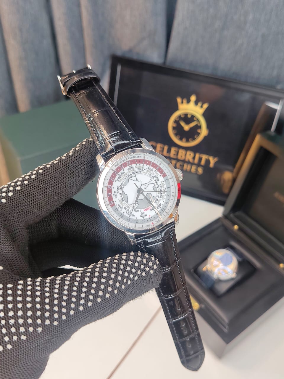 Vacheronn Constantinn Traditionnelle'' World Time Platinumz Premium Black leather Belt White Dial