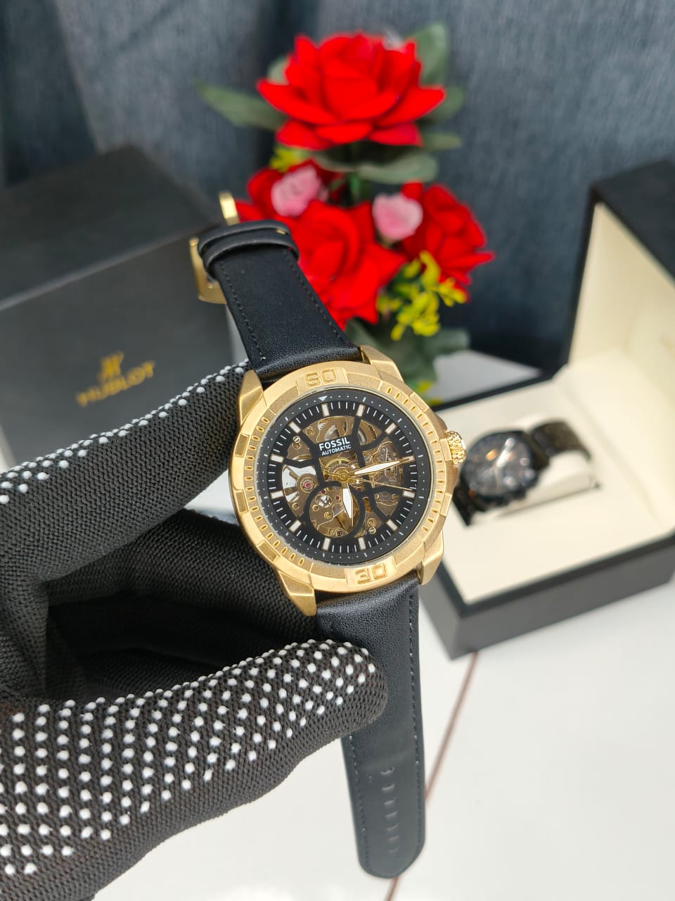 Fossill Bronsonn Analogue Watch For Men Me-3219-a Black belt Gold Dial