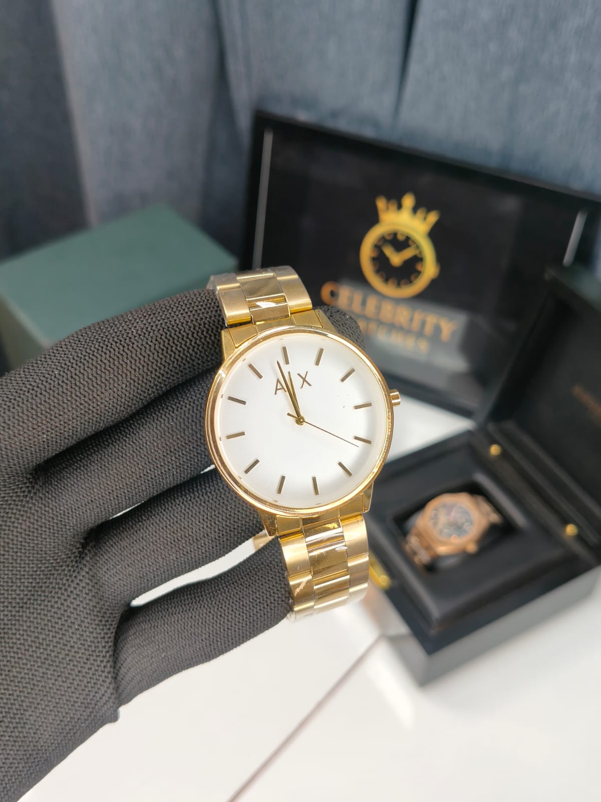 Armanii Exchangee Cayde Analog white Dial and Gold color Band Stainless Steel Men's Watch-AX2701-a