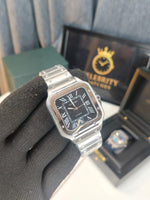 Cartierr Santoss men black dial, Roman numerals stainless steel bracelet