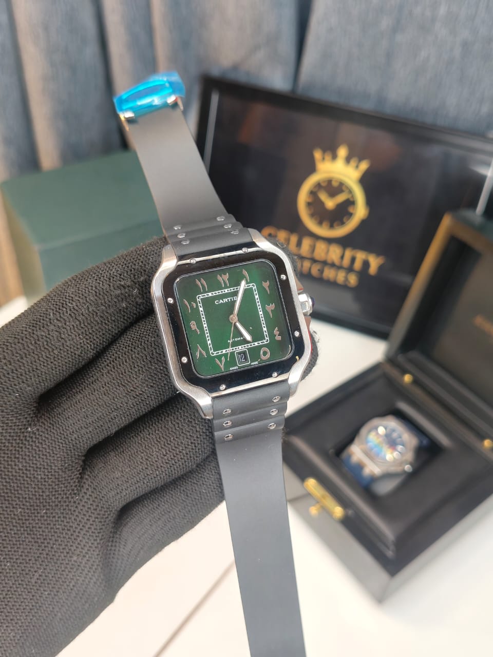 Santoss de Cartierr Watch Arabic, large model, 1847 MC-A Black Silicone Band Green Dial