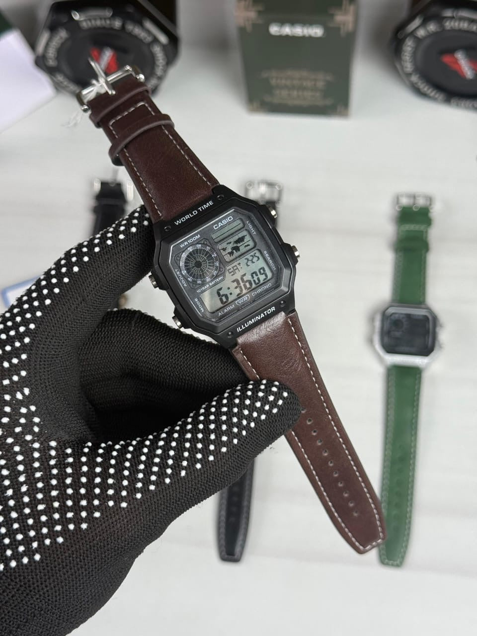 Casioo AE-1200 WHL i - 5 AVDF Youth Watch Brown Leather Belt Black Bazel