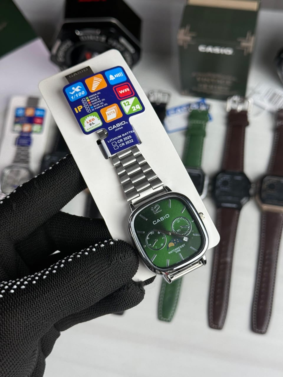 CASIOO Classic Vintage Sun Moon Silver Chain Green Dial