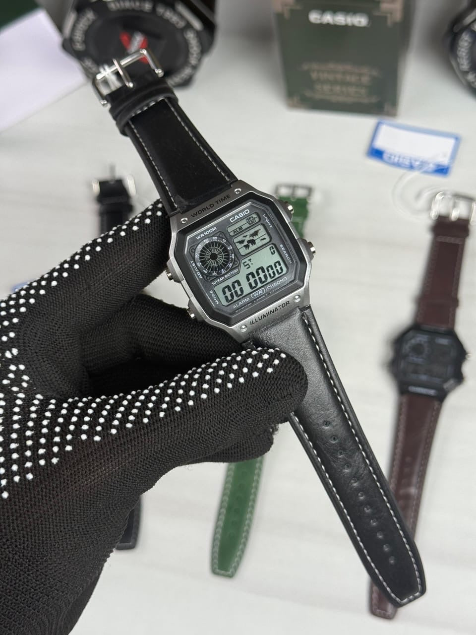 Casioo AE-1200 WHL i - 5 AVDF Youth Watch Black Leather Belt Silver Bazel