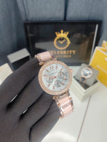 Michaell Korss Stainless Steel Analog White Gold Dial Women Watch-Mk3203-a, Rose Gold Color Band