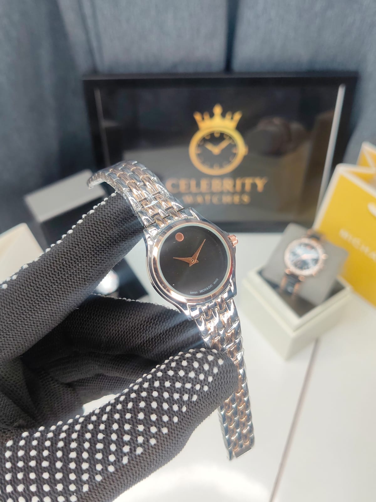 Movadoo Analog Dual Tone belt, Black Dial Women's Watch-3601147-a