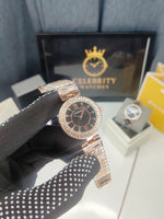 Guesss Analogue watch for women Stainless Steel, Rose gold color band, black dail, Diamond bazel