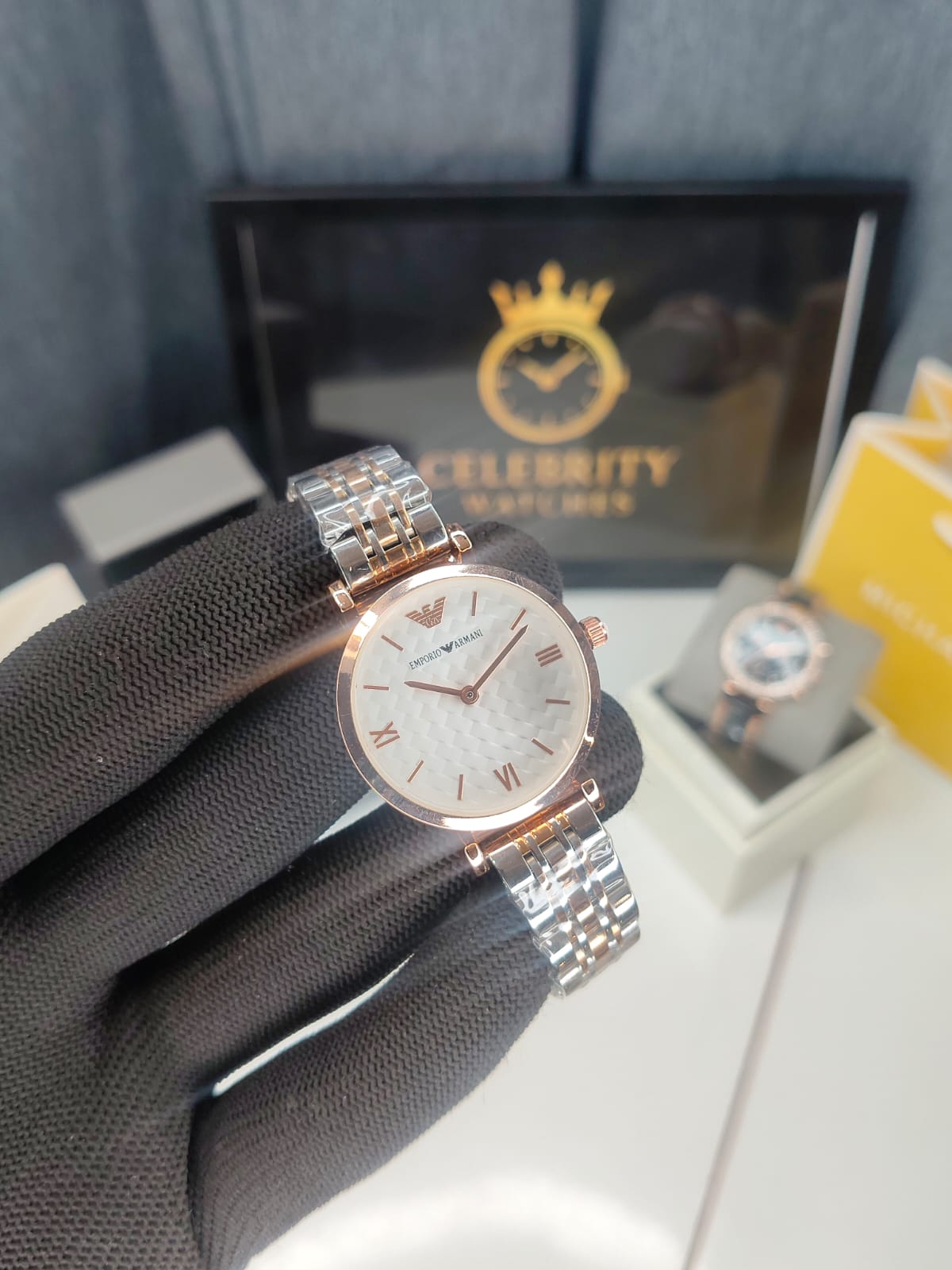 Emporioo Armanii Stainless Steel Analog White Dial, Self Wave Design Dial Women Watch-Ar11223-a, Dual tone Band