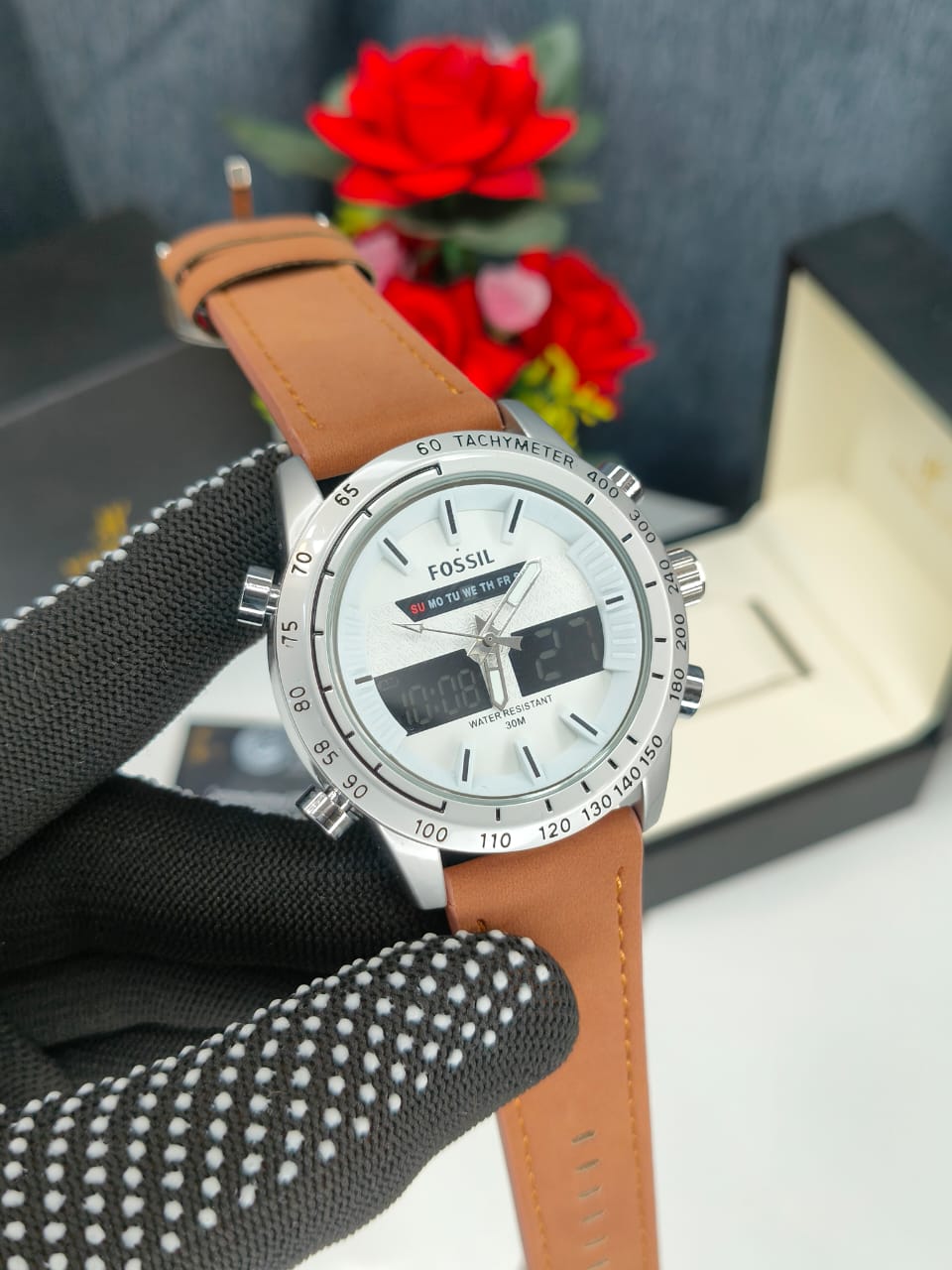 Fossill Men Digital Analogue Dual watch Tan belt White Dial