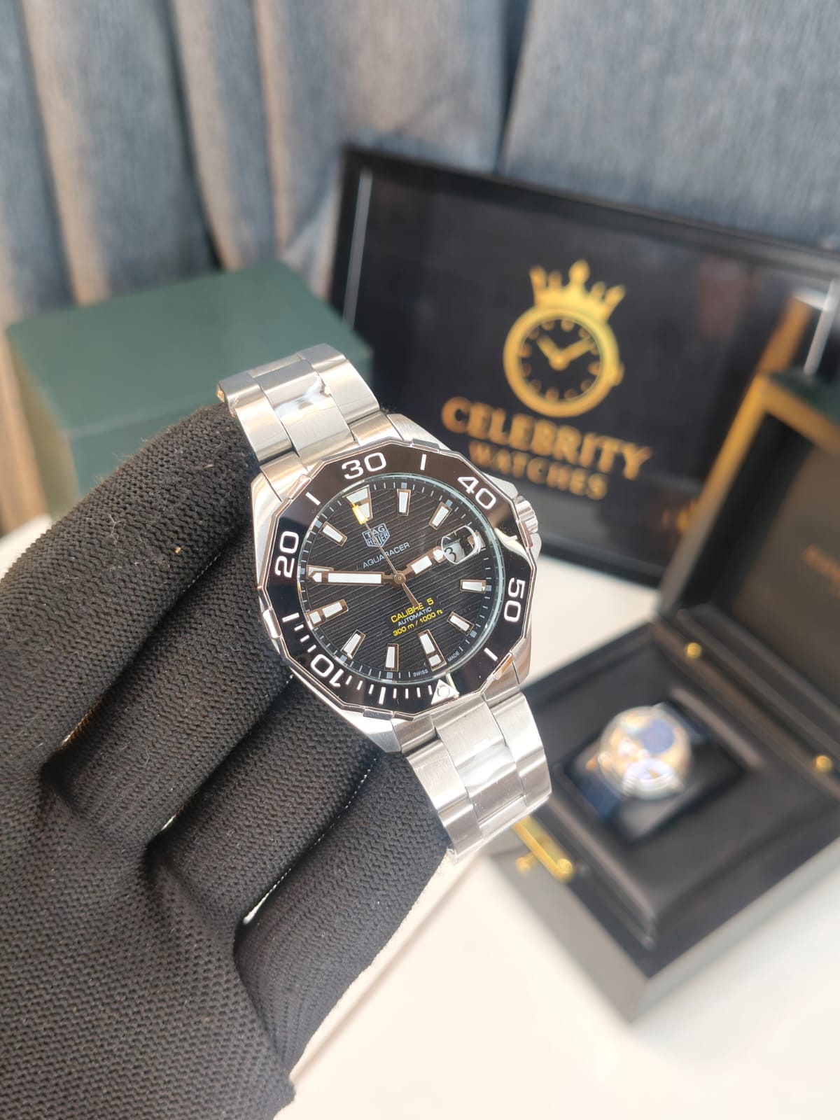 TAGG Heuerr Aquaracerr Professional 300 Date Silver Metal Belt Black Dial Premium Automatic Machinery