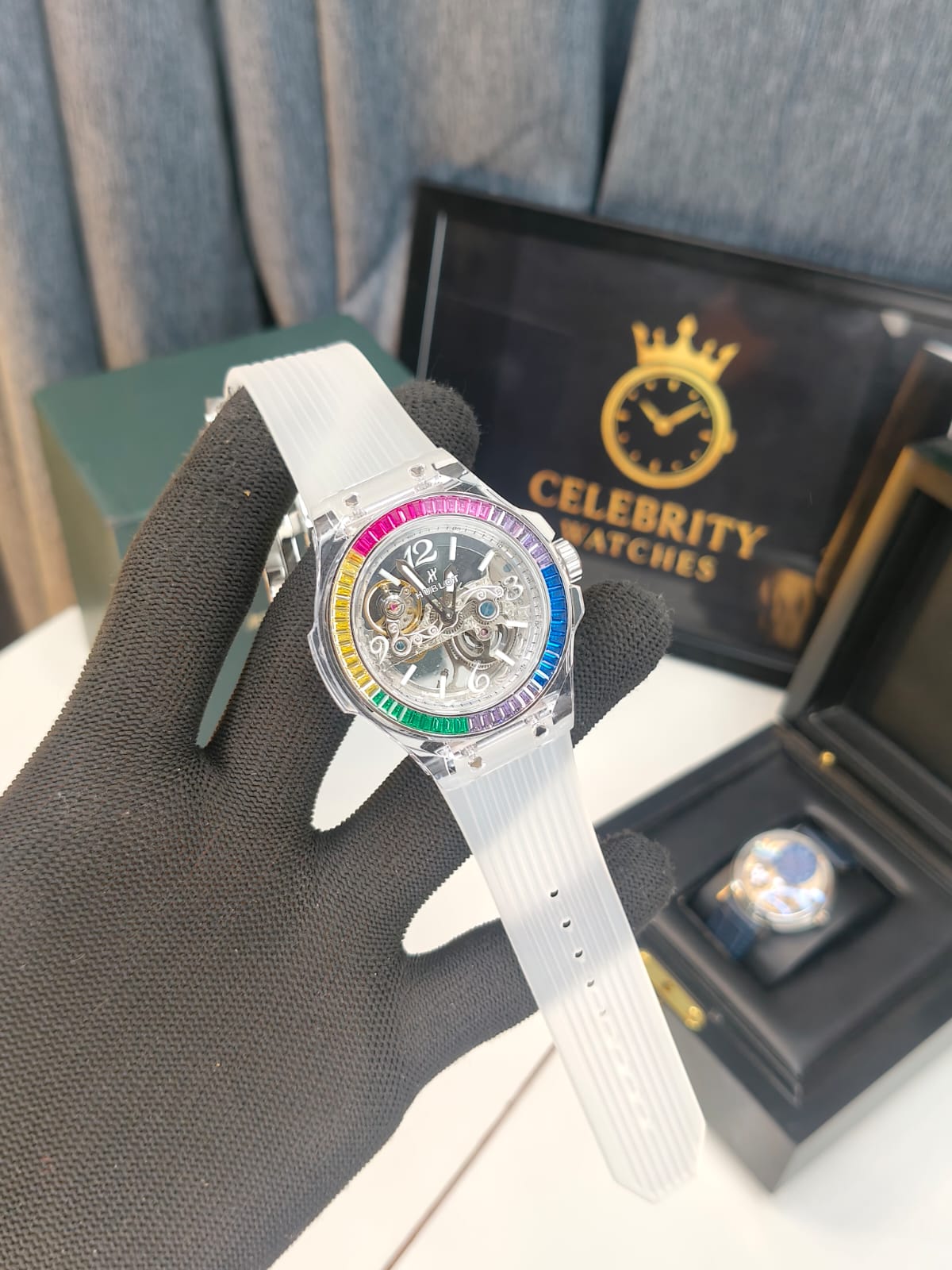 Hublott Big Band Crystal Rainbow Diamond Silicone Belt High End Quality