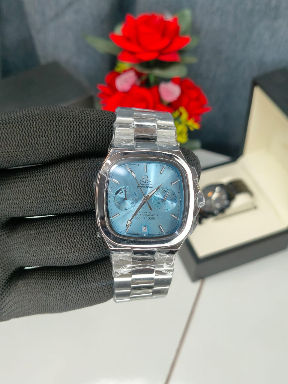 Omegaa Seamasterr Men Unique Square SKY blue Chronograph Date Window Metal Belt