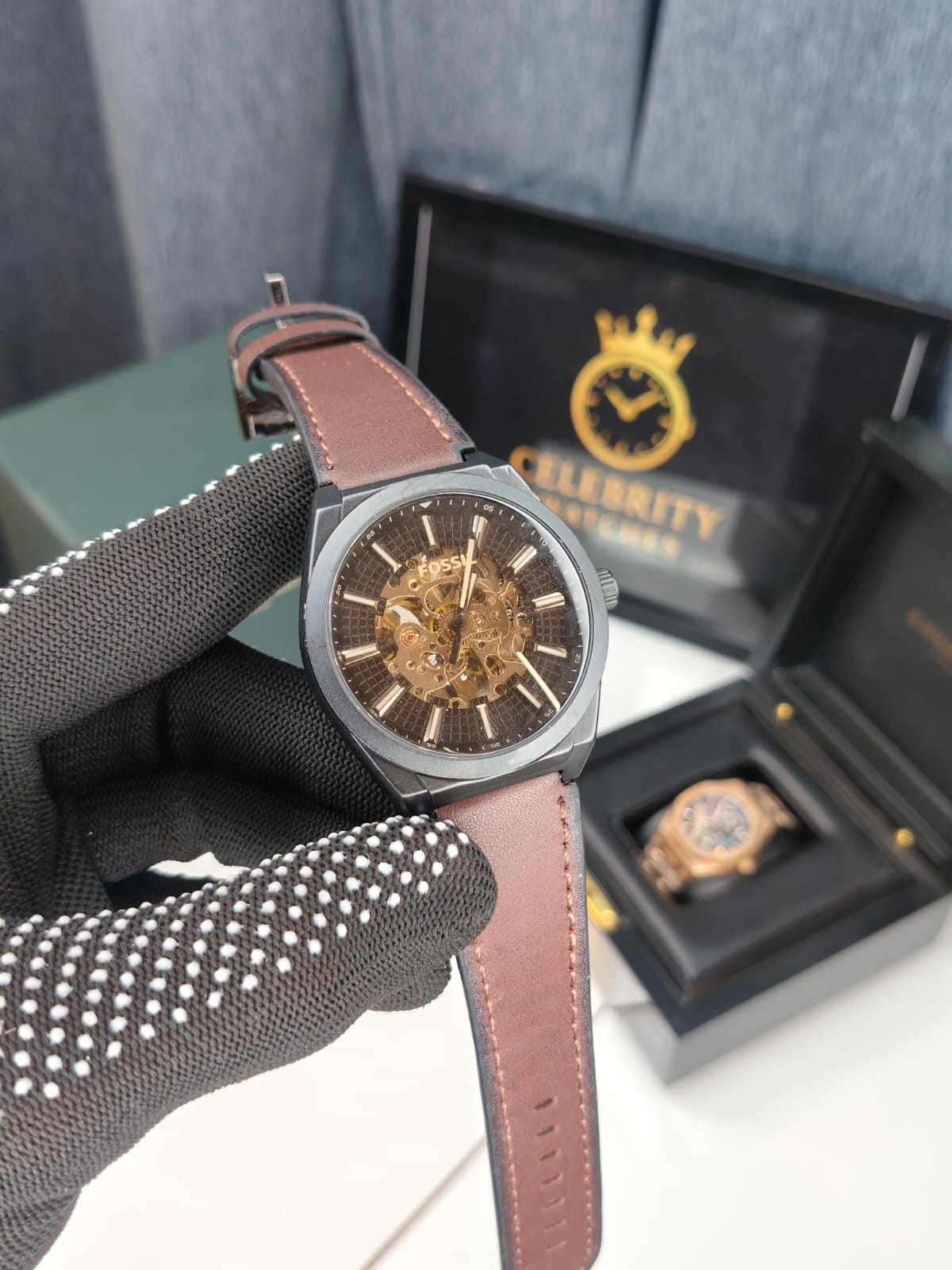 Fossill Everettt Automatic Brown LiteHide-a Leather Watch