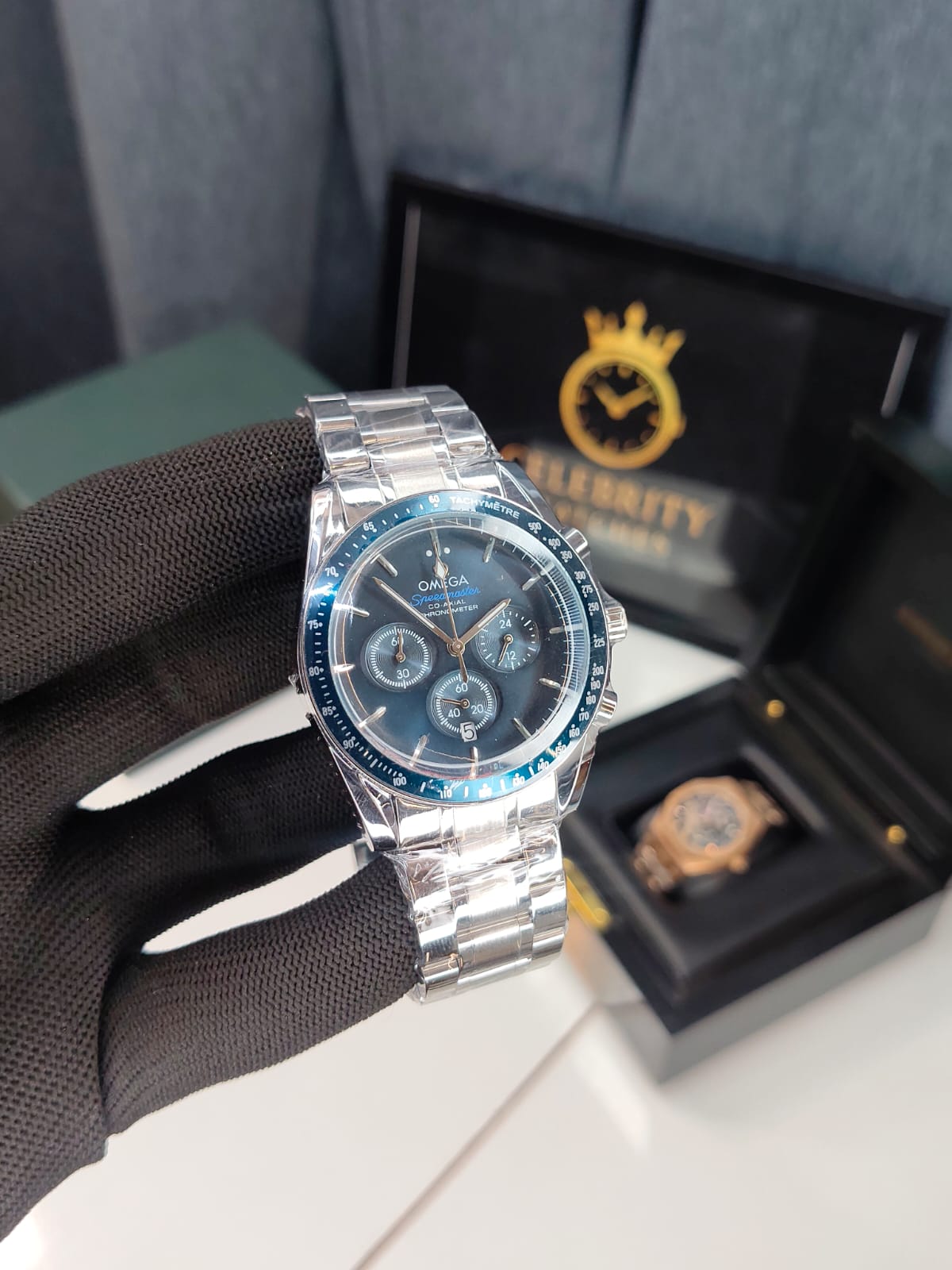 Omegaa Speedmasterr Chronograph Silver belt Blue Dual