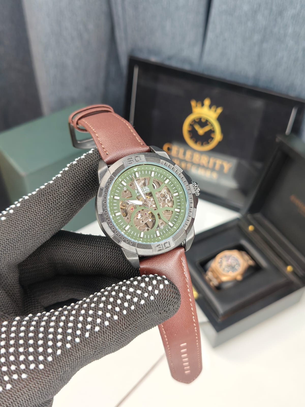 Fossil Bronsonn Analogue Watch For Men Me-3219-a Brown belt Green Dial