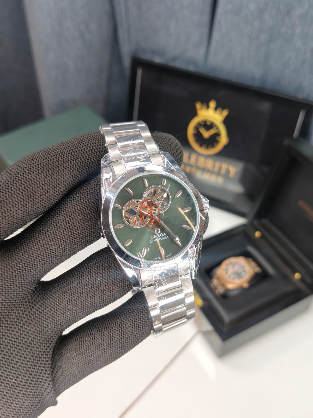 Omegaa speedmasterrAutomatic Men Silver Green Open Heart
