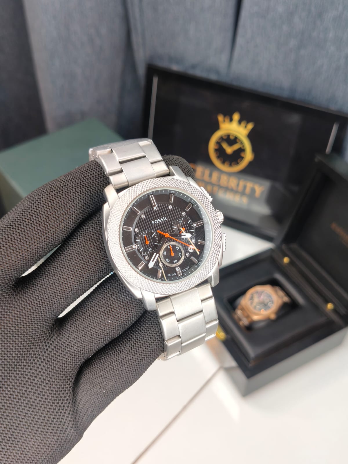 Fossill Quartz Machine Chronograph Stainless Steel Watch FS6096-a Grey Black Dial
