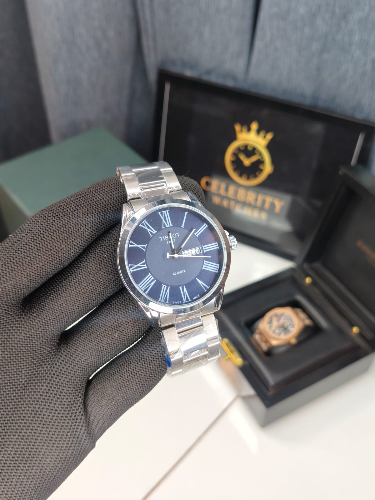 Tissott 1853-a Classic Silver Metal belt Blue Dial Roman letters