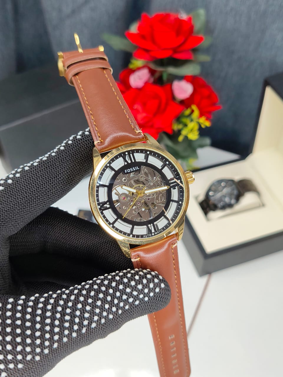 Fossill Townsmann Analog Brown Dial Men's Leather Band Watch - ME3098-a Light brown leather Belt Black Dial