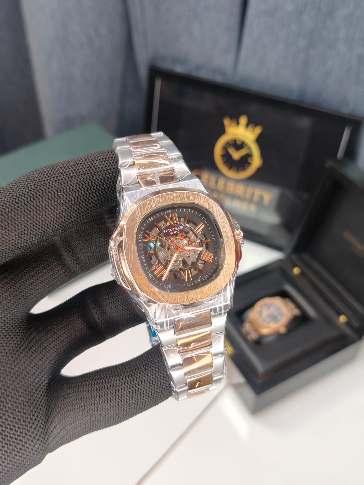 Patekk Phillipp Men metal Skeleton Dual tone belt Black Dial Gold bazel