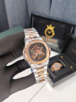Patekk Phillipp Men metal Skeleton Dual tone belt Black Dial Gold bazel