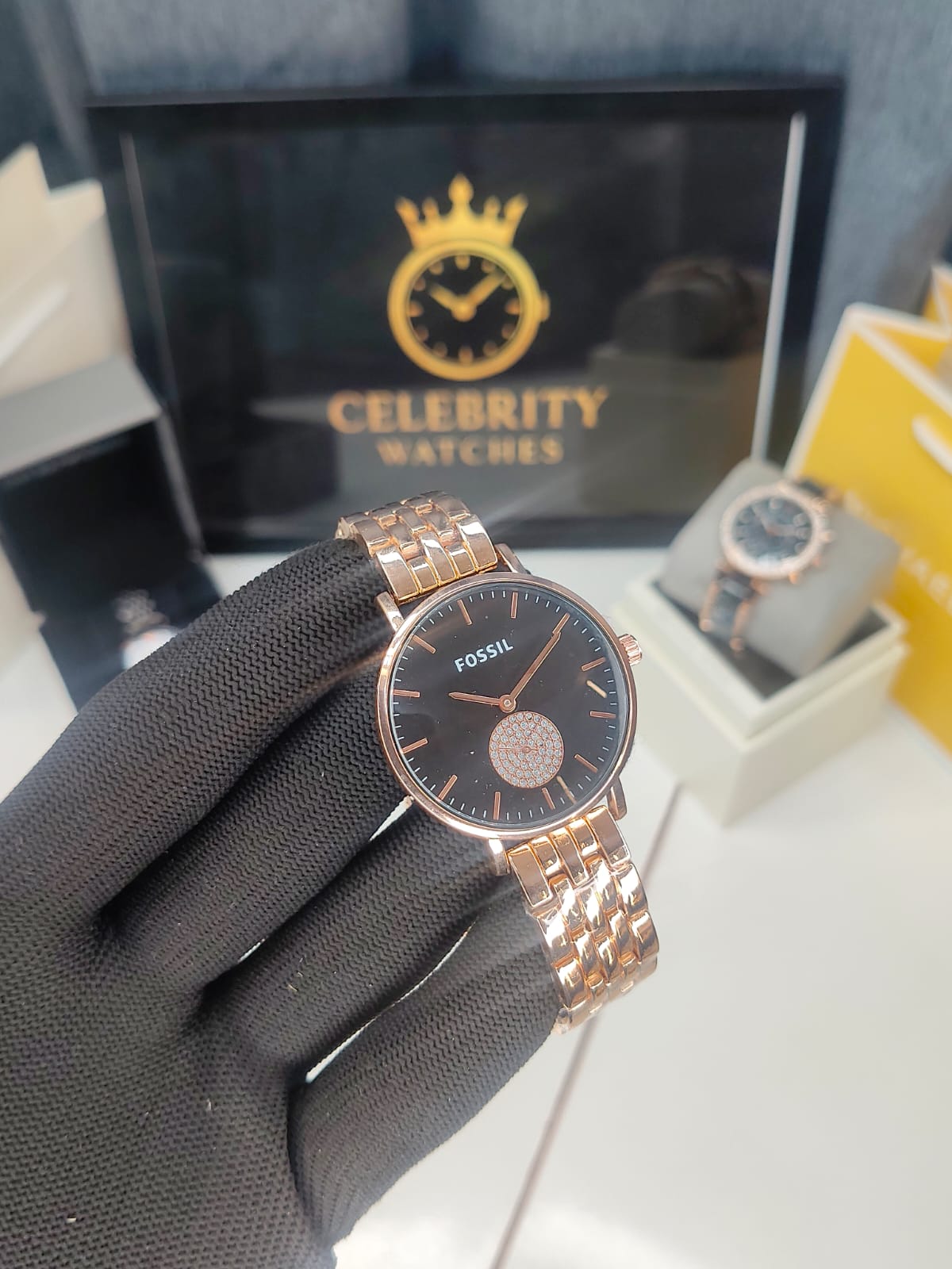 Fossill Women Steel Diamond Rose gold Black dial watch