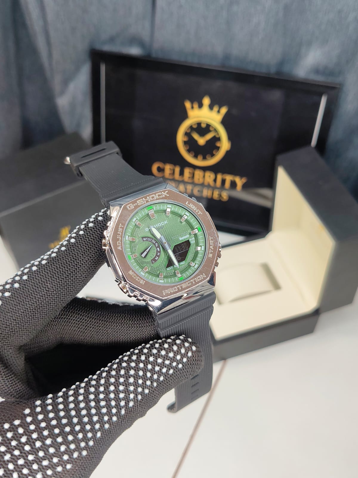 ANALOG-DIGITAL 2100 Series GM-2100G-1A9-a Black band green dial metal bazel