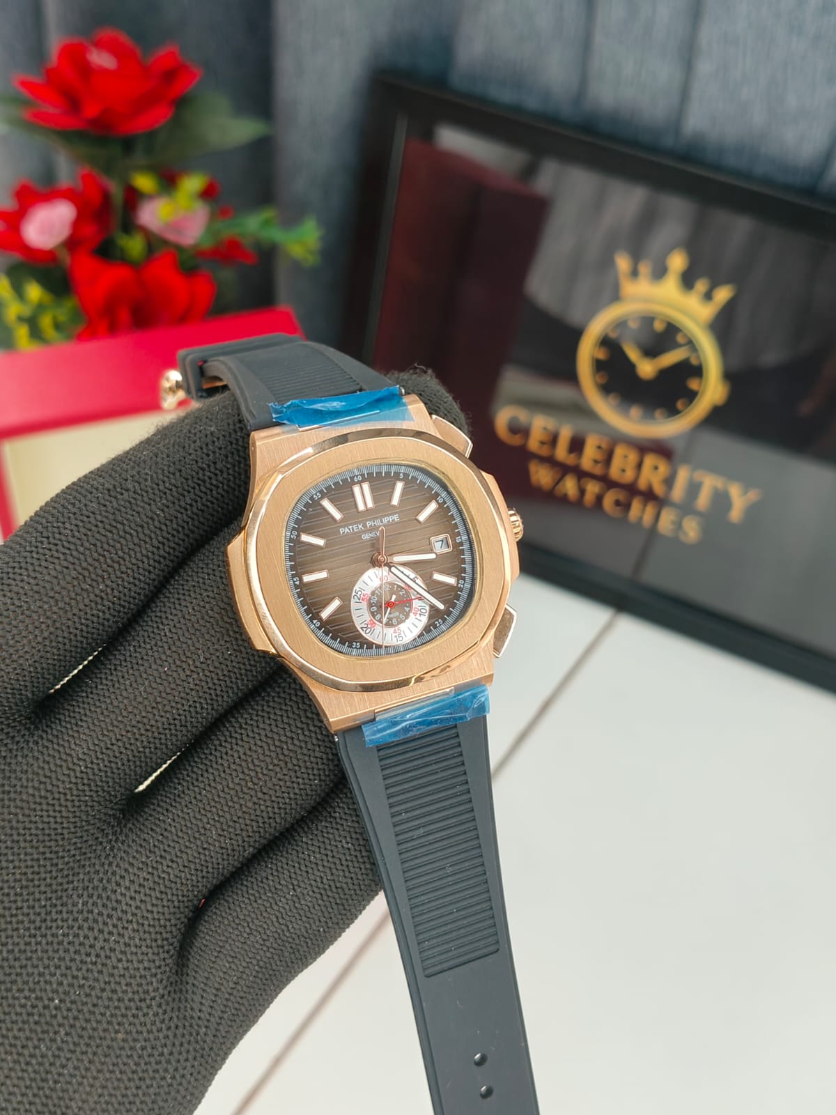 Patek Phillippee Nautiluslassic Black Silicone belt brown Dial 